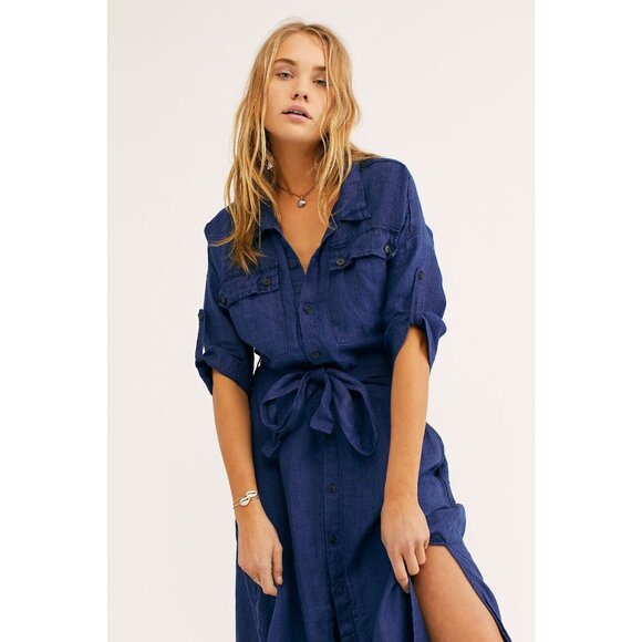 NWT Free People x CP Shades Allie Maxi in Indigo Blue Linen Shirt Dress L - Picture 2 of 7